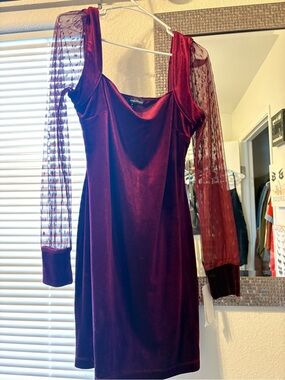 Speechless Burgundy Velvet Dress with Sheer Long Sleeves